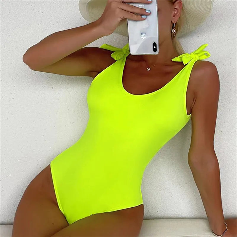 Sexy Neon Yellow Tie Shoulder Push Up Tummy Control Monokini Swimsuit